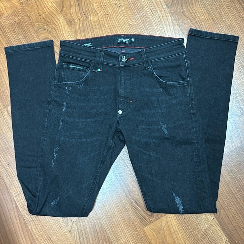 PHILIPP PLEIN SUPER STRAIGHT CUT BLACK BUTTON FLY JEANS PANTS 30 made in Italy